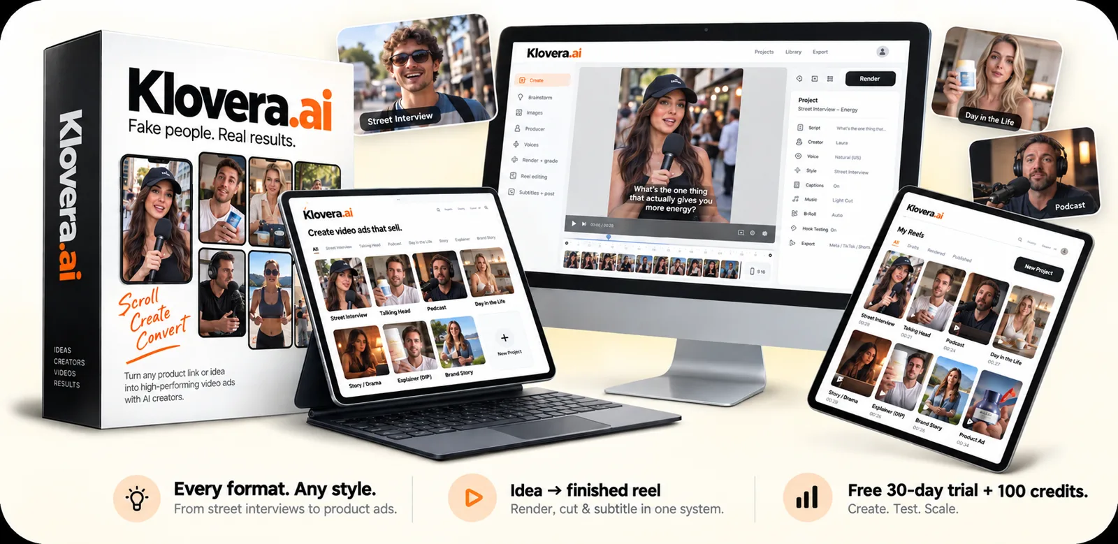 Klovera on every screen: the box, the studio on a computer, tablets and reels