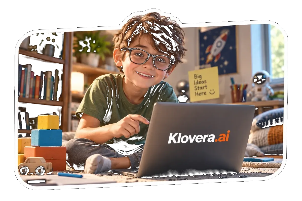 A boy on the floor with a laptop showing Klovera.ai