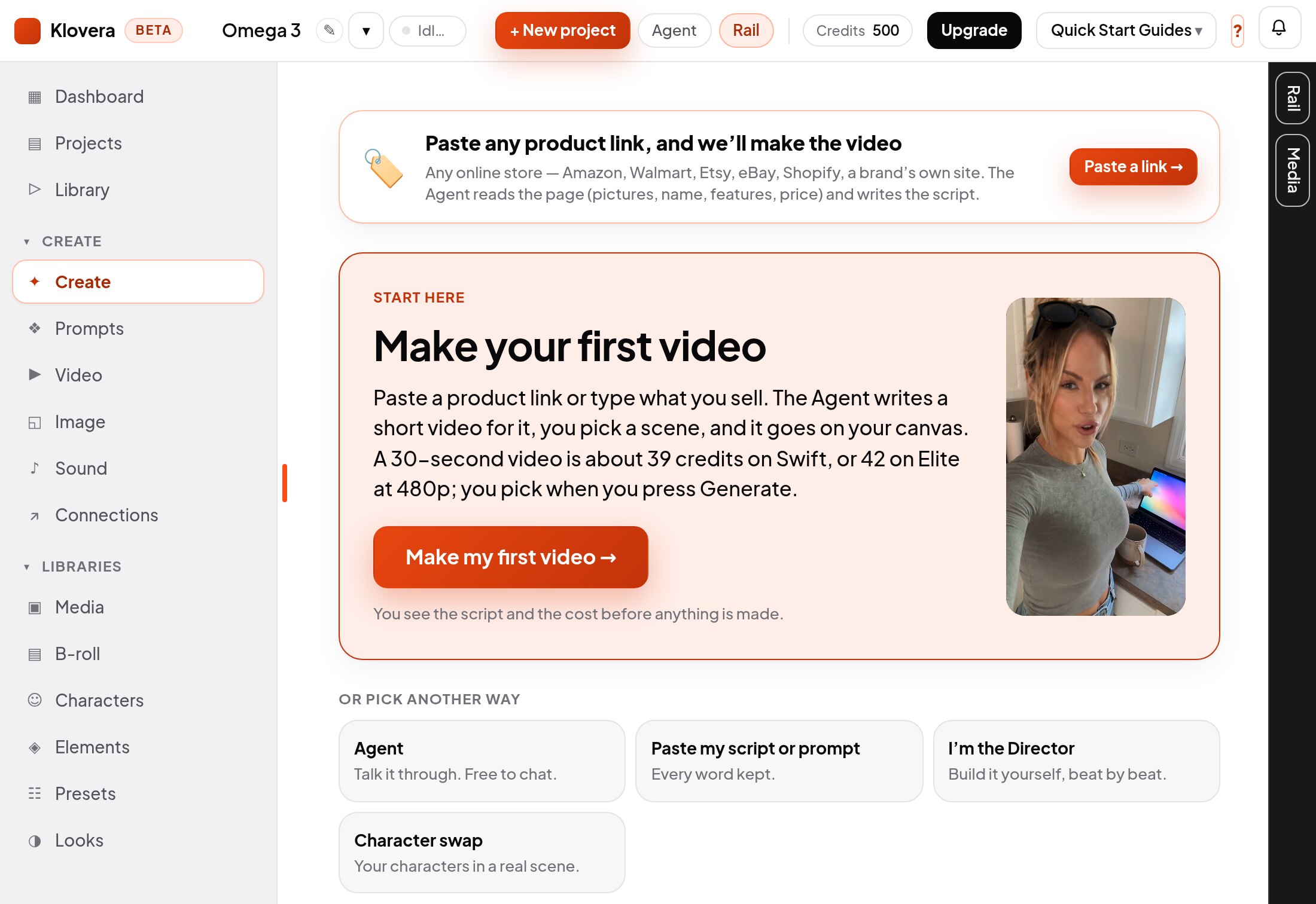 Klovera&rsquo;s Create page: the Agent, Paste any product link, I&rsquo;m the Director, Paste my script or prompt and Character swap.