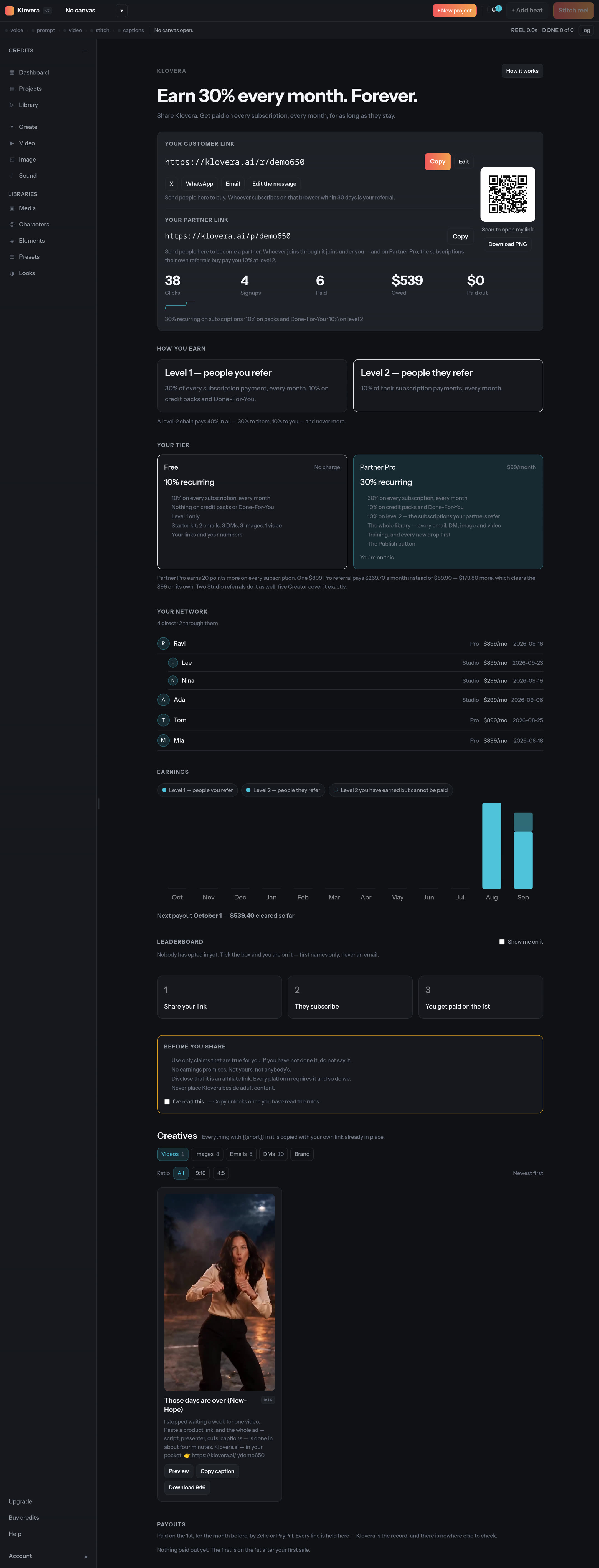 The Klovera partner portal: link and QR, network, earnings and the collateral library